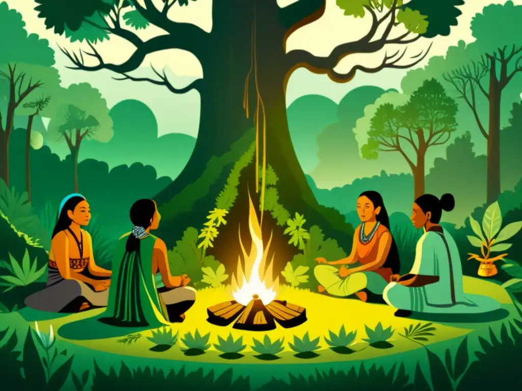 Una ilustración detallada de una ceremonia de medicina tradicional ancestral, con un chamán y participantes en meditación en un claro del bosque