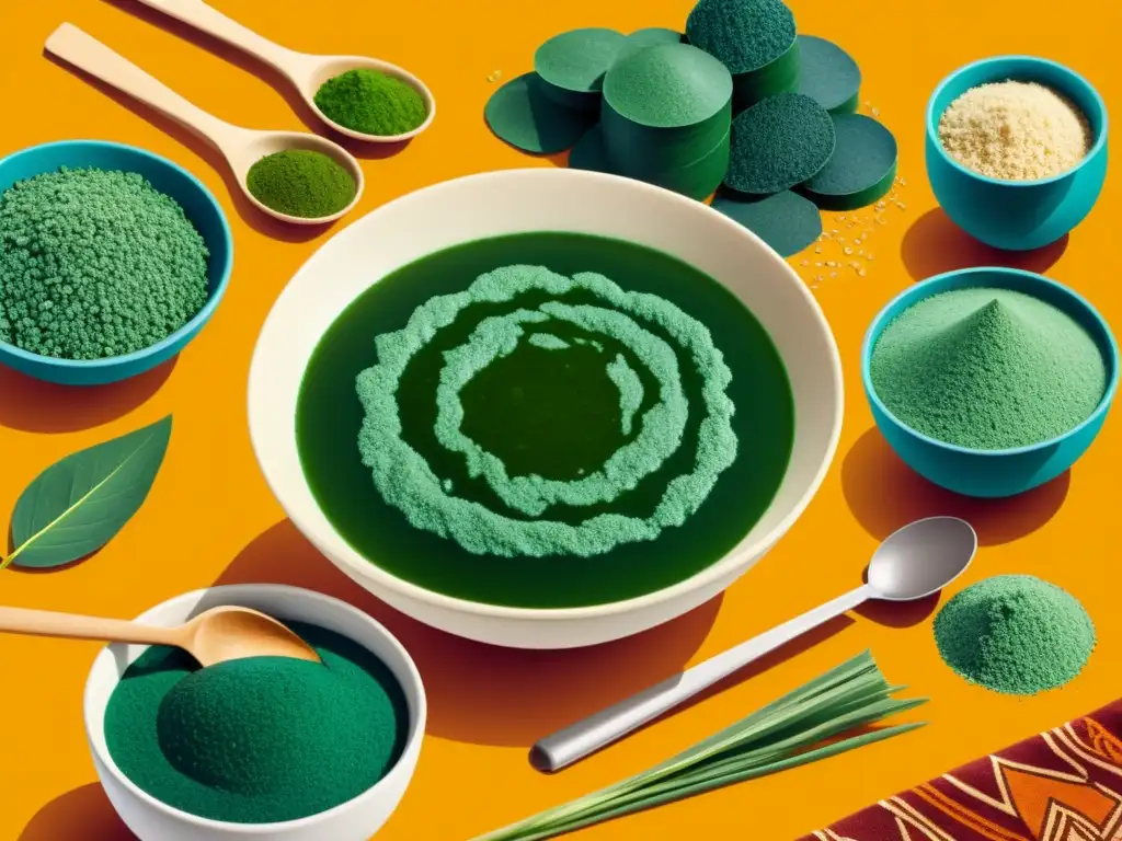 Una ilustración detallada de culturas globales incorporando la espirulina en su cocina y prácticas de salud