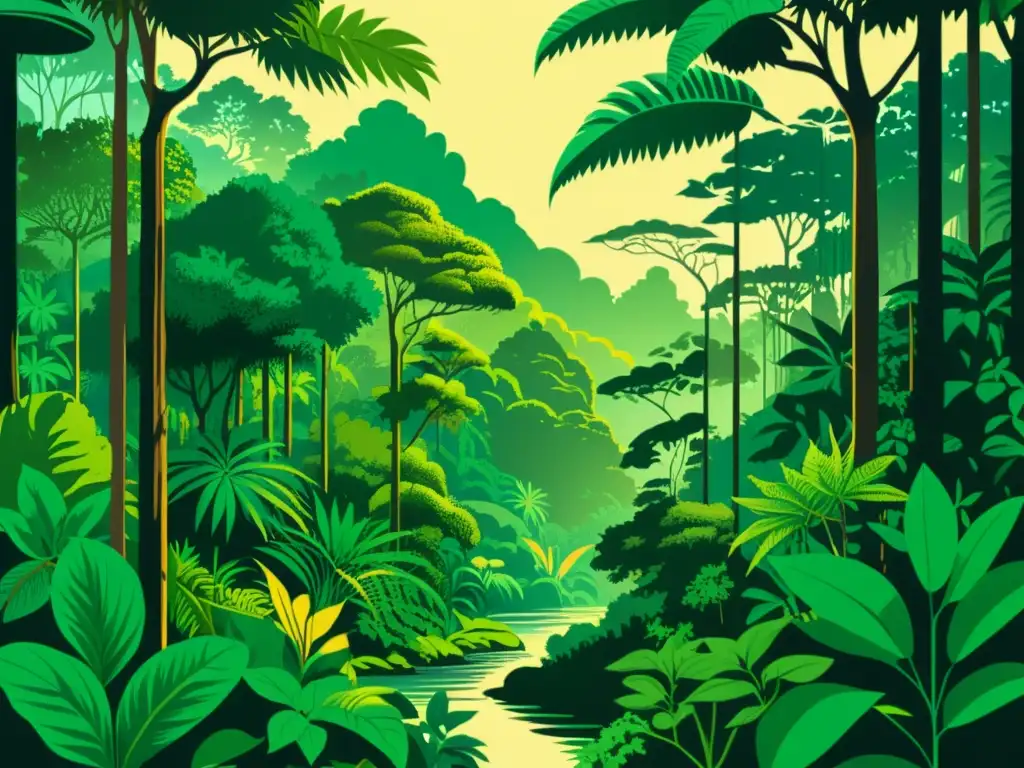 Una ilustración detallada de una exuberante selva tropical, donde la medicina tradicional y conservación ambiental se entrelazan