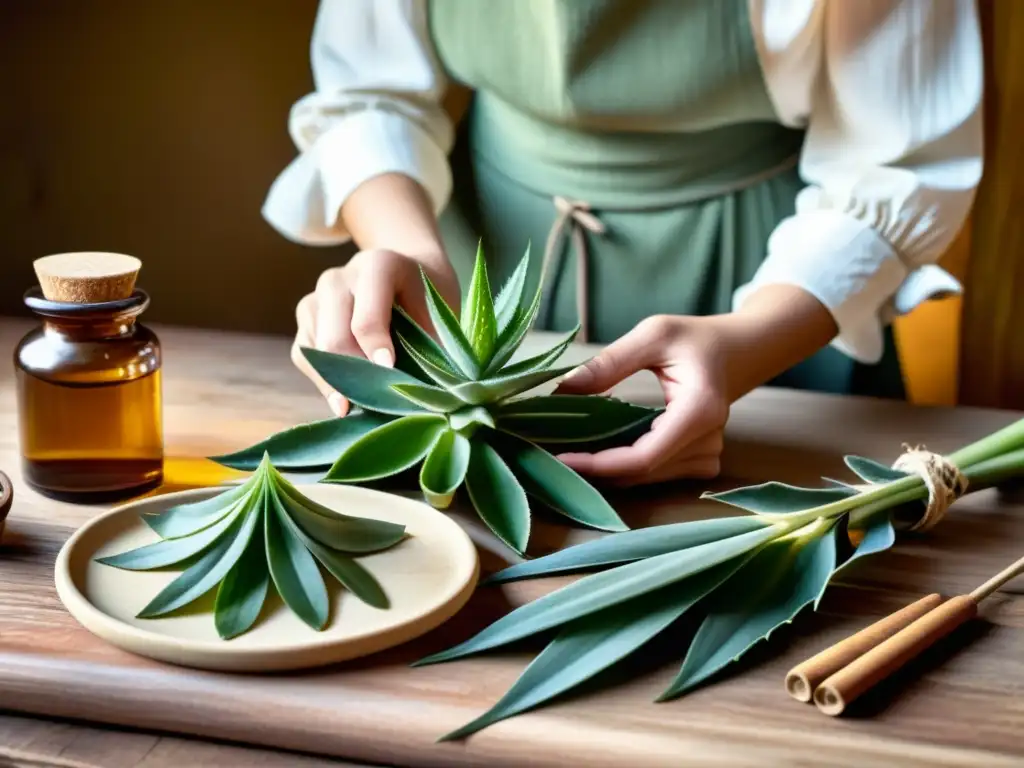 Una ilustración detallada en 8k muestra a un herbolario preparando una medicina con hojas de Aloe Vera en un ambiente cálido y rústico