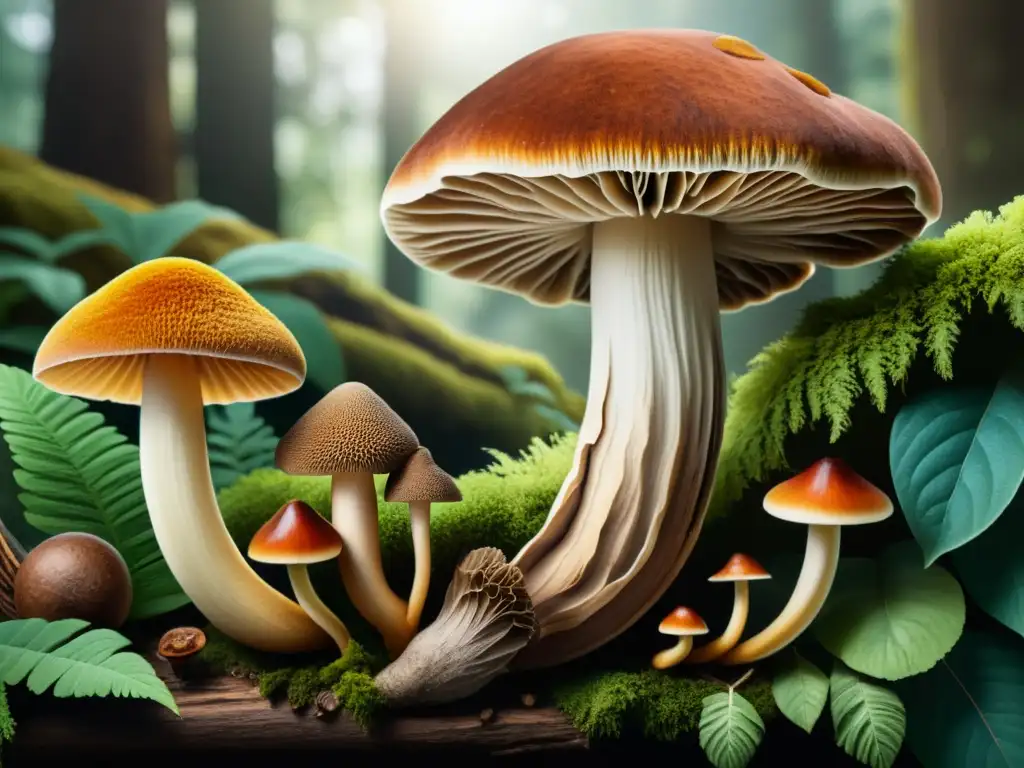 Una ilustración detallada en 8k de hongos medicinales en un bosque exuberante