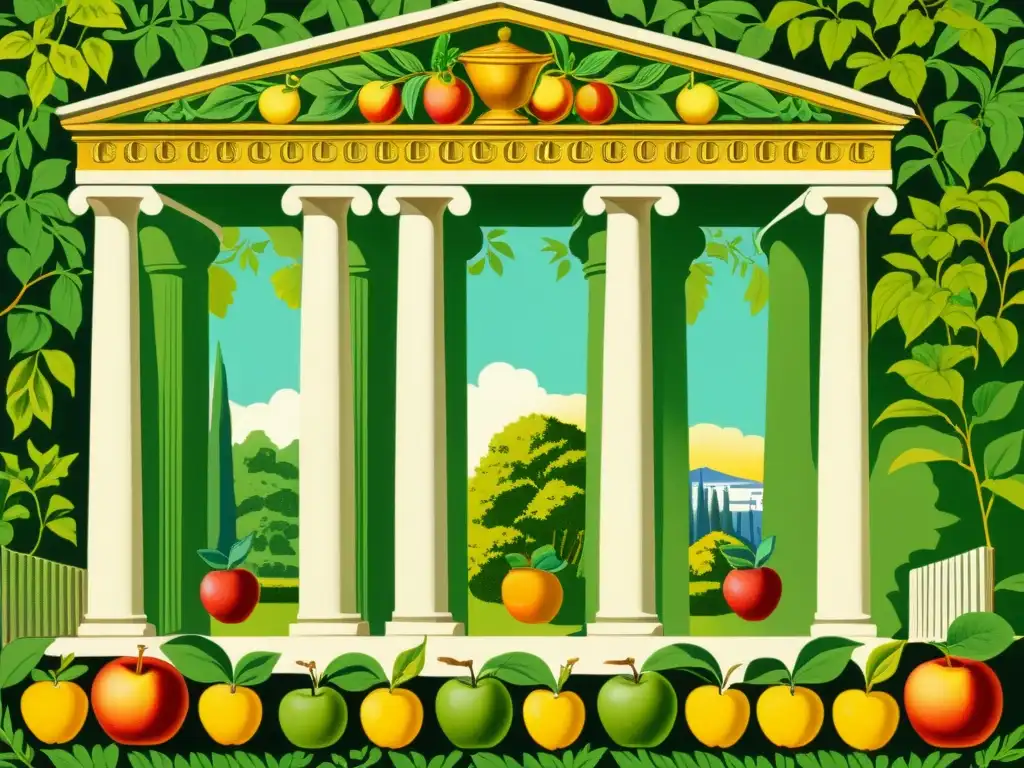 Una ilustración detallada de un jardín de las Hespérides con manzanas doradas enredadas alrededor de columnas y estatuas de diosas griegas