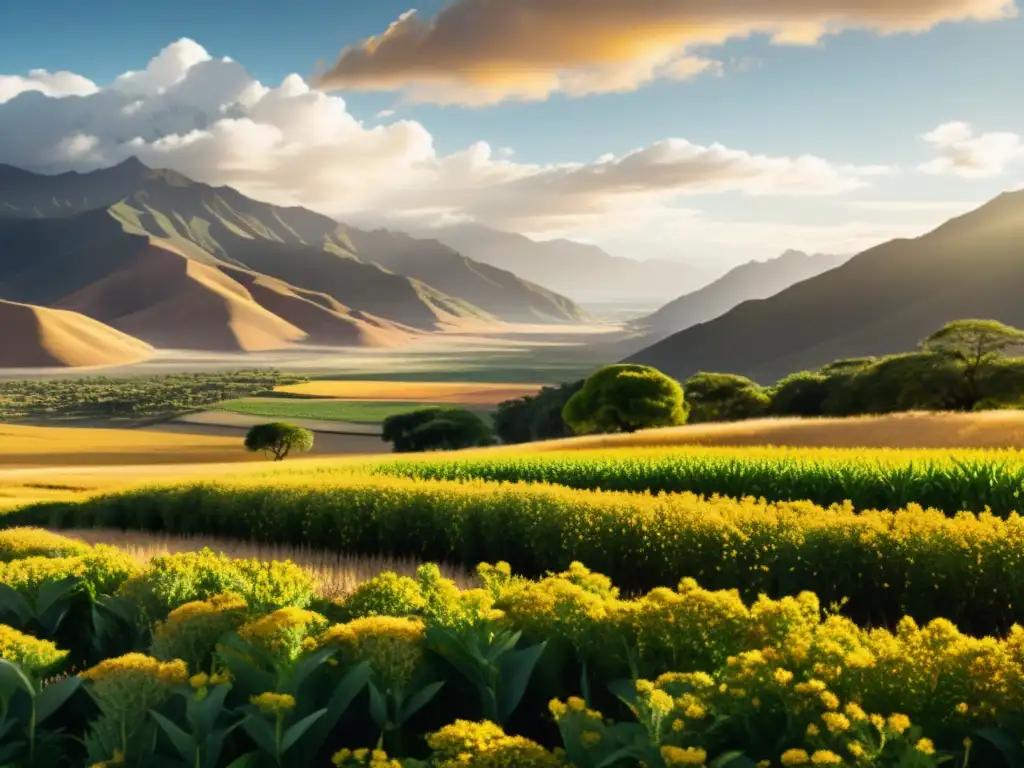 Una ilustración detallada y nostálgica de un exuberante campo de cañihua dorado, con los antiguos Andes al fondo