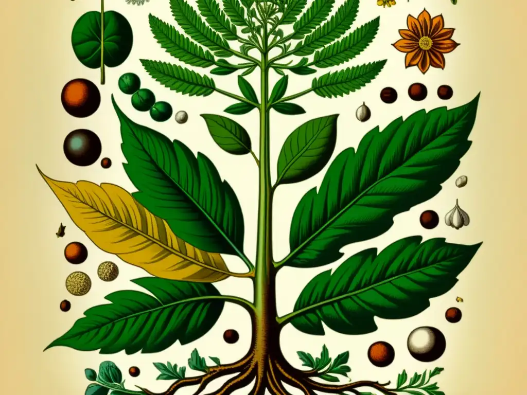 Una ilustración detallada de una planta medicinal en tonos tierra, exudando sabiduría y conocimiento tradicional