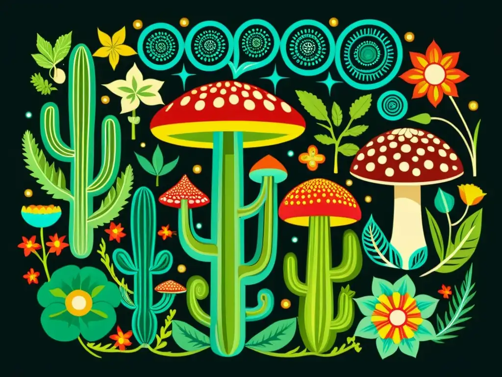 Una ilustración detallada de plantas enteogénicas, con colores vibrantes y líneas precisas que muestran sus características únicas