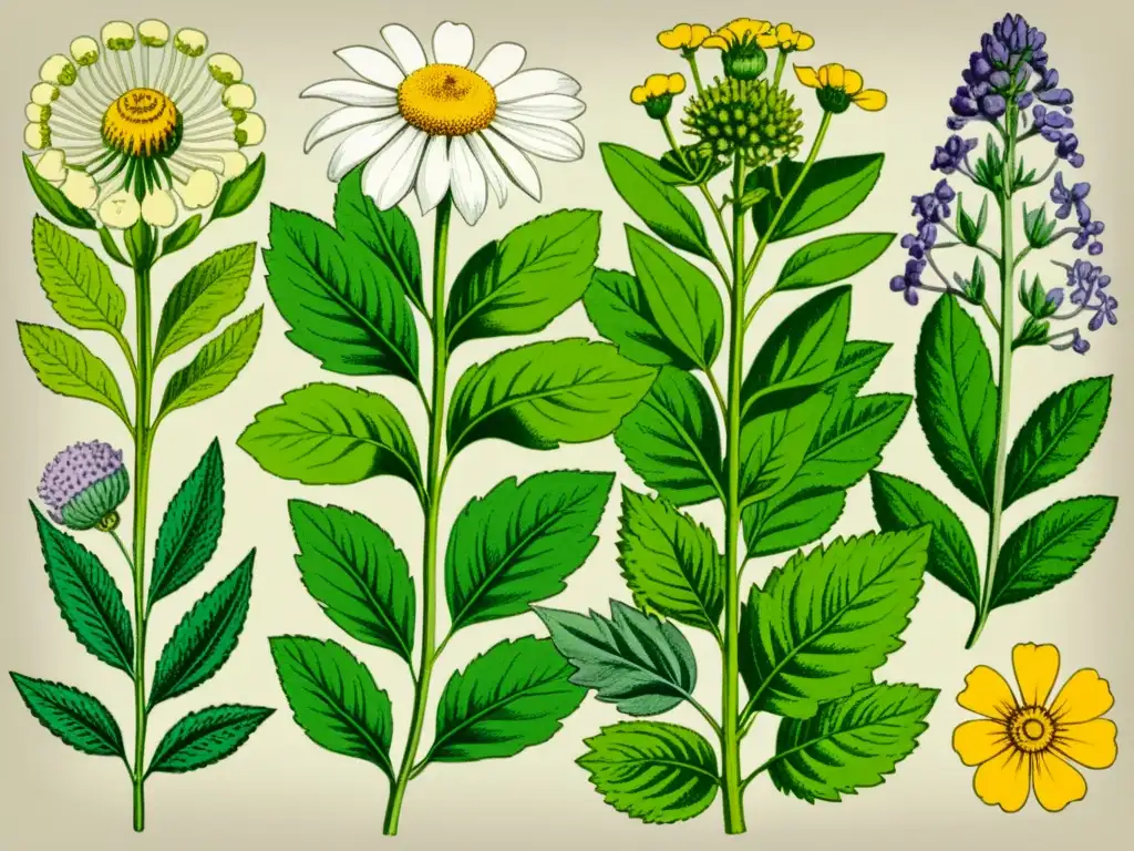 Una ilustración detallada de plantas medicinales de la historia, con colores vibrantes y detalles intrincados que resaltan su importancia