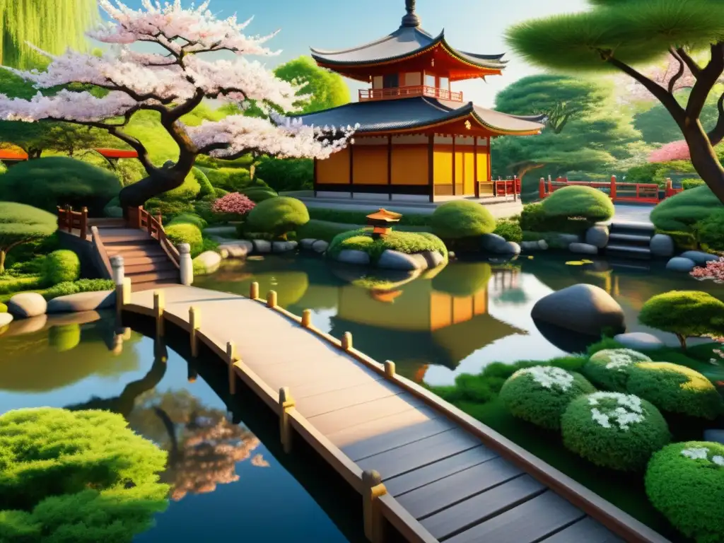 Una ilustración detallada de un sereno jardín oriental con flores de cerezo, estanque de peces koi y pagoda de madera