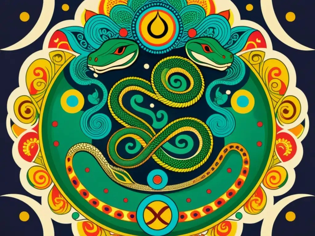 Una ilustración detallada de una serpiente enroscada alrededor de un eje central, con patrones y símbolos representando la energía de Kundalini