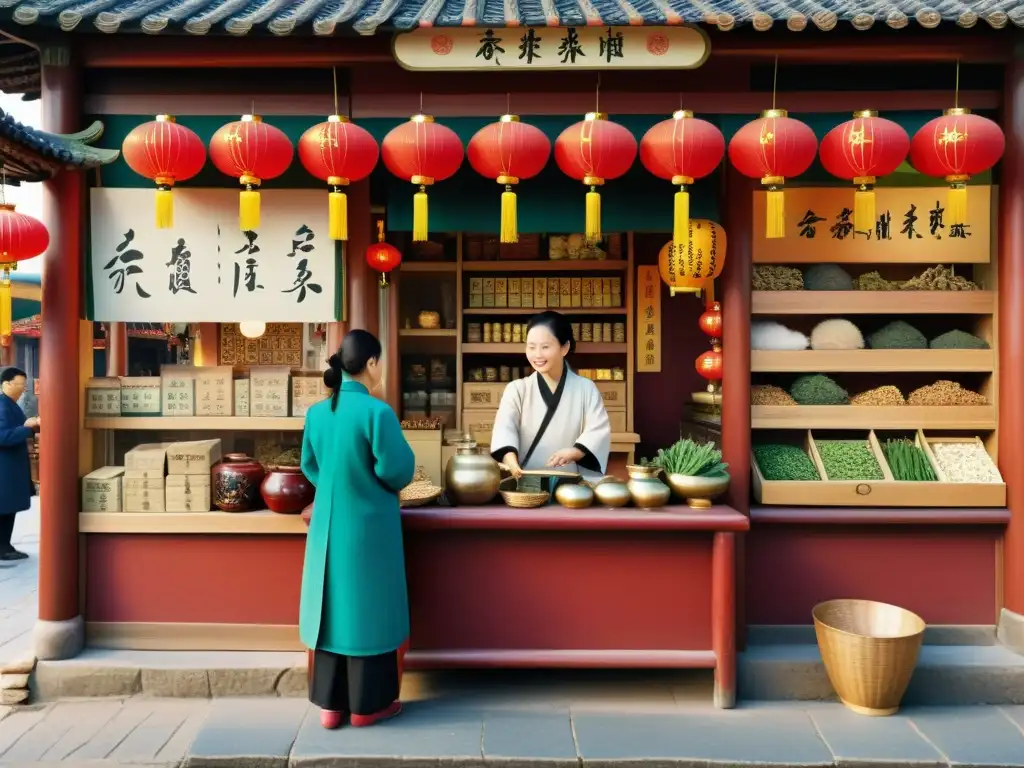 Una ilustración detallada de una tienda de medicina tradicional china en un bullicioso mercado, con hierbas y remedios coloridos