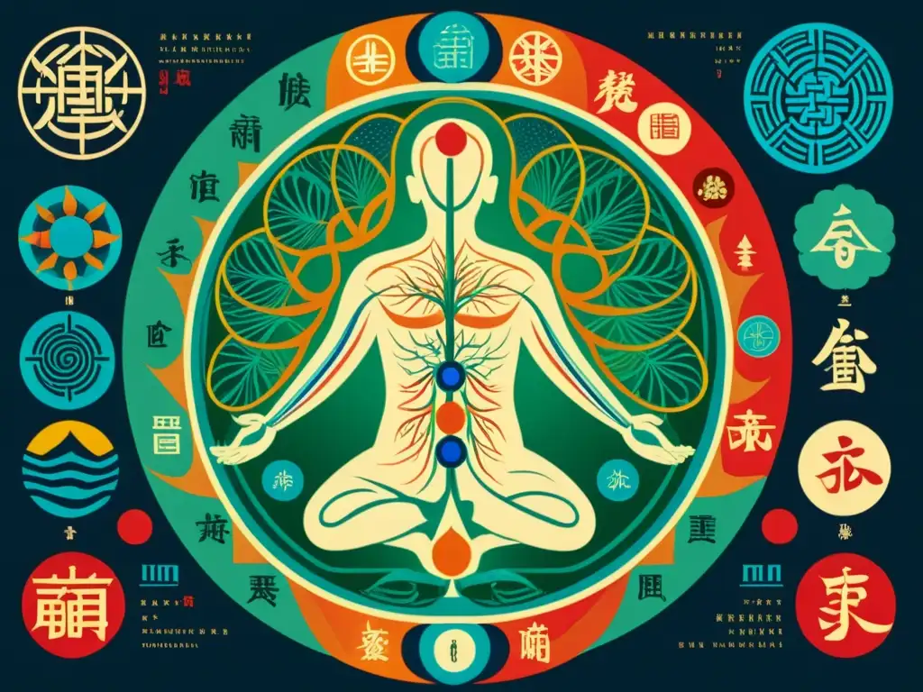 Una ilustración detallada y vibrante que representa la red de meridianos y puntos de presión en el cuerpo humano, evocando la sabiduría y tradición de la medicina china