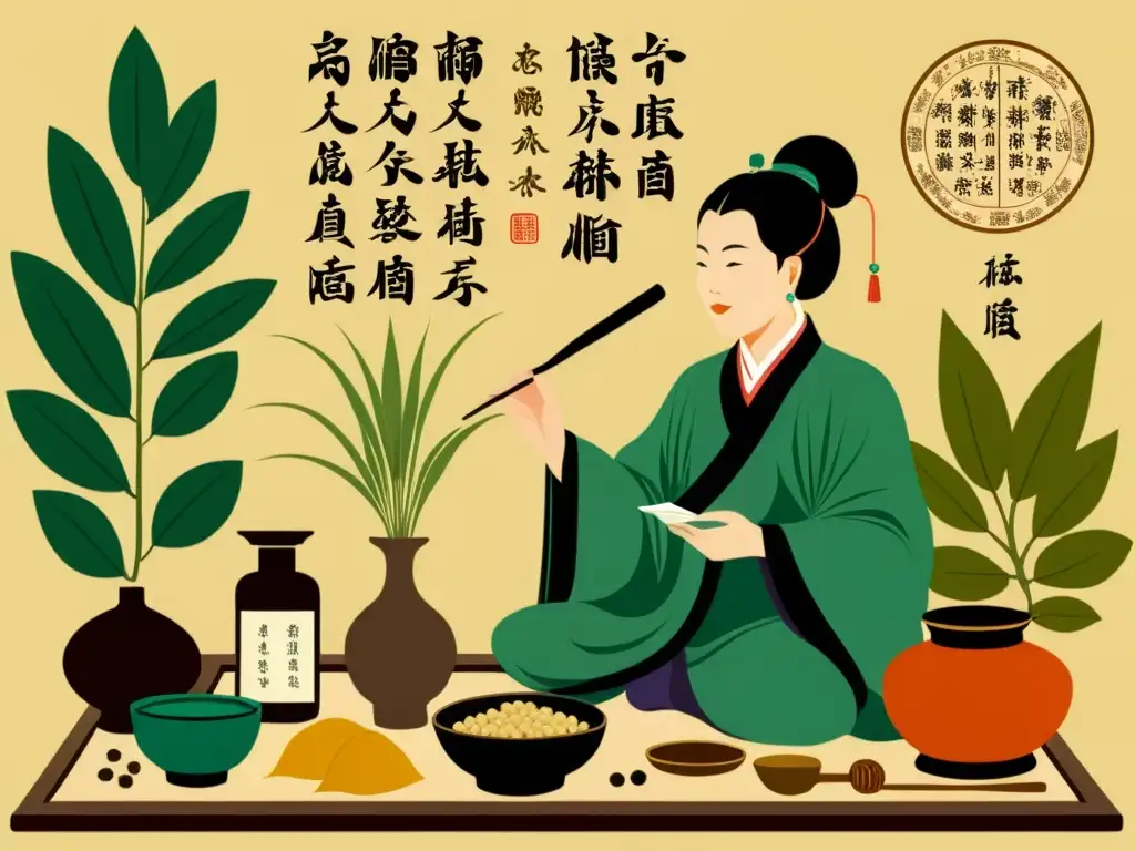 Una ilustración detallada vintage de un médico Unani y un practicante de medicina tradicional china discutiendo, rodeados de hierbas medicinales y textos antiguos