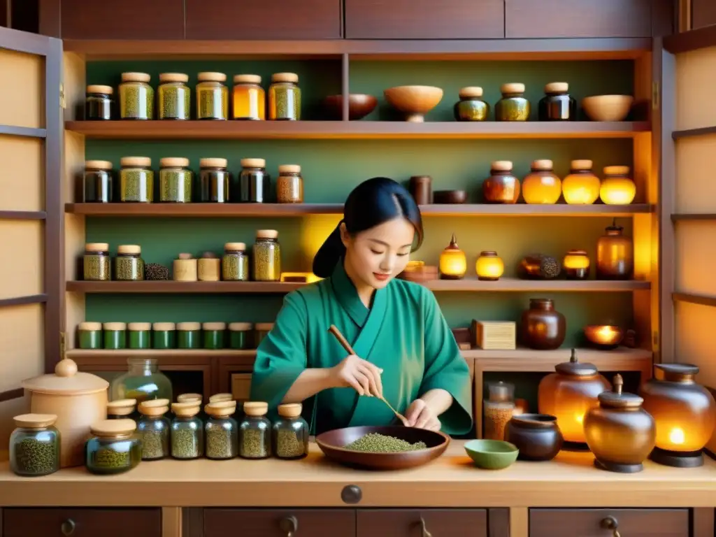 Una ilustración al estilo vintage de una farmacia de medicina tradicional china, con estantes de madera llenos de hierbas y remedios