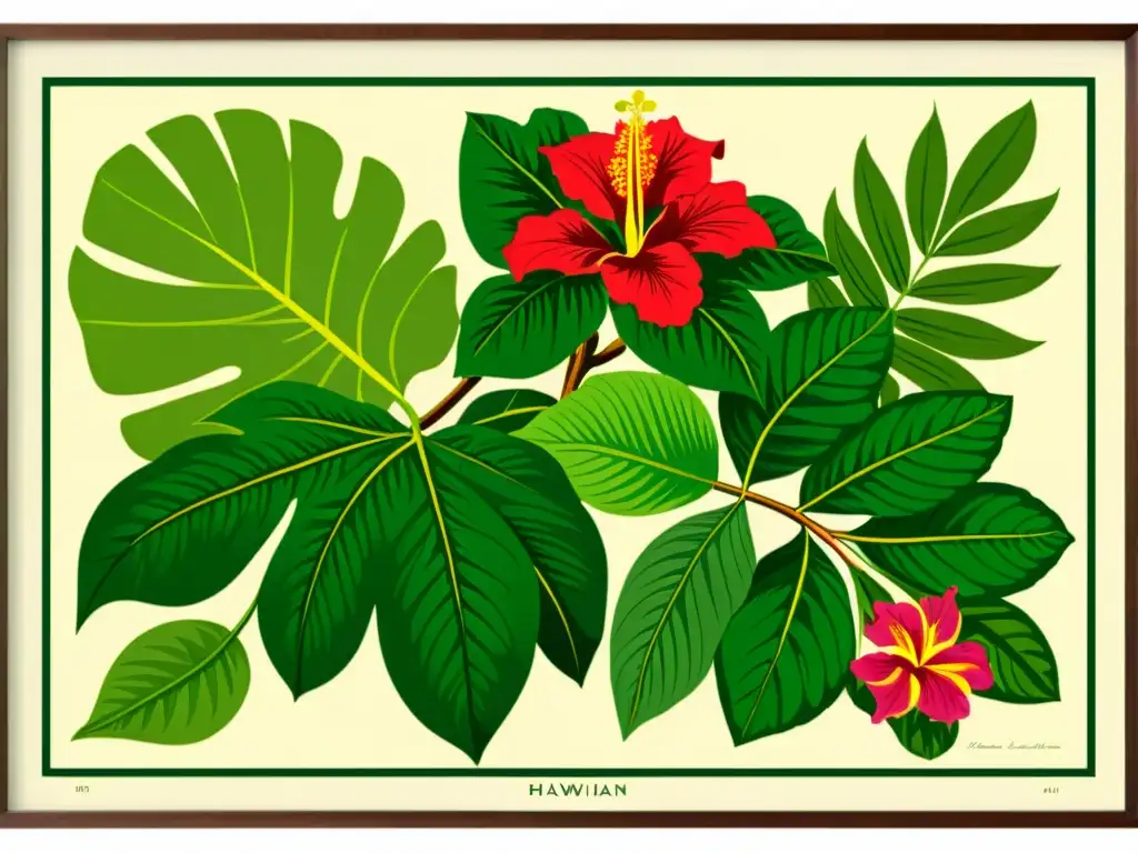 Una ilustración vintage de un exuberante bosque lluvioso hawaiano con plantas nativas como hibiscos, plumerias y hojas de taro