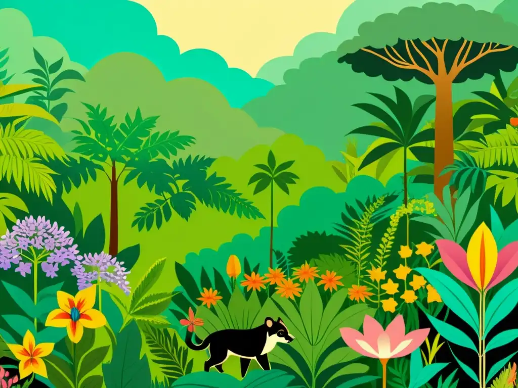 Una ilustración vintage de un exuberante bosque tropical con plantas diversas y vida silvestre, conectando la medicina tradicional con la naturaleza