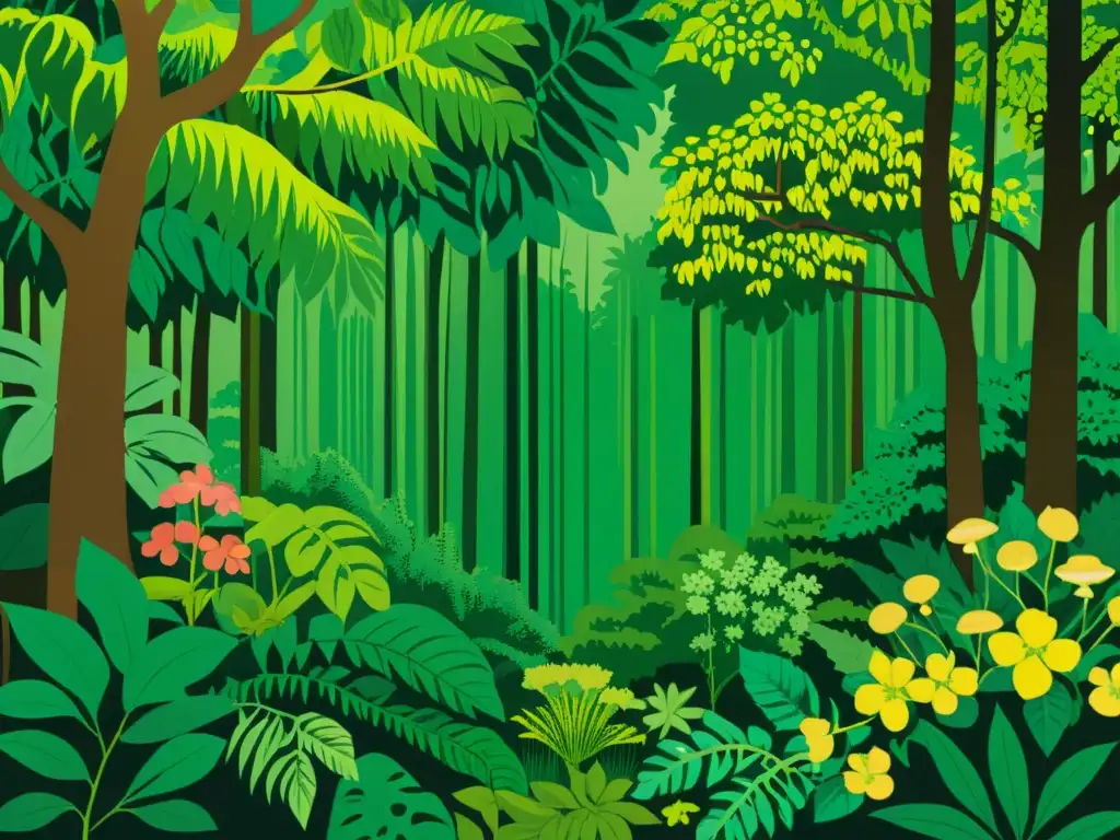 Una ilustración vintage de un exuberante bosque tropical con plantas medicinales, hojas vibrantes y luz solar filtrándose