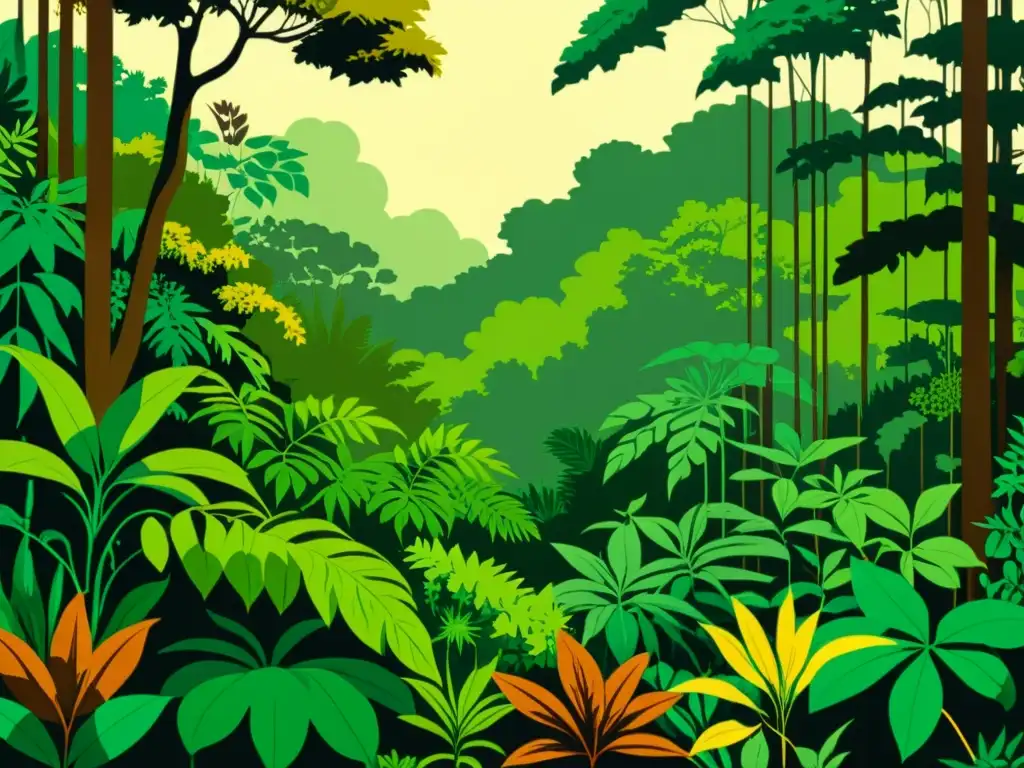 Una ilustración vintage de un exuberante bosque tropical con diversa vida vegetal y vibrantes hierbas medicinales en tonos terrosos