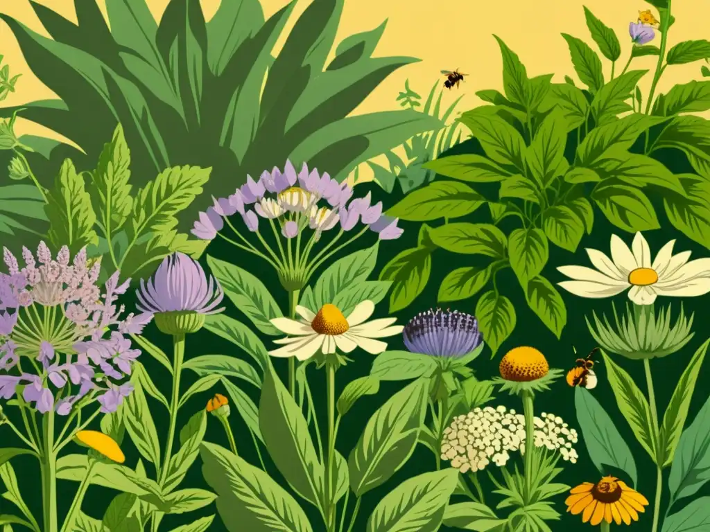 Una ilustración vintage de un exuberante jardín de hierbas medicinales, con detalles intrincados de lavanda, manzanilla, equinácea y menta