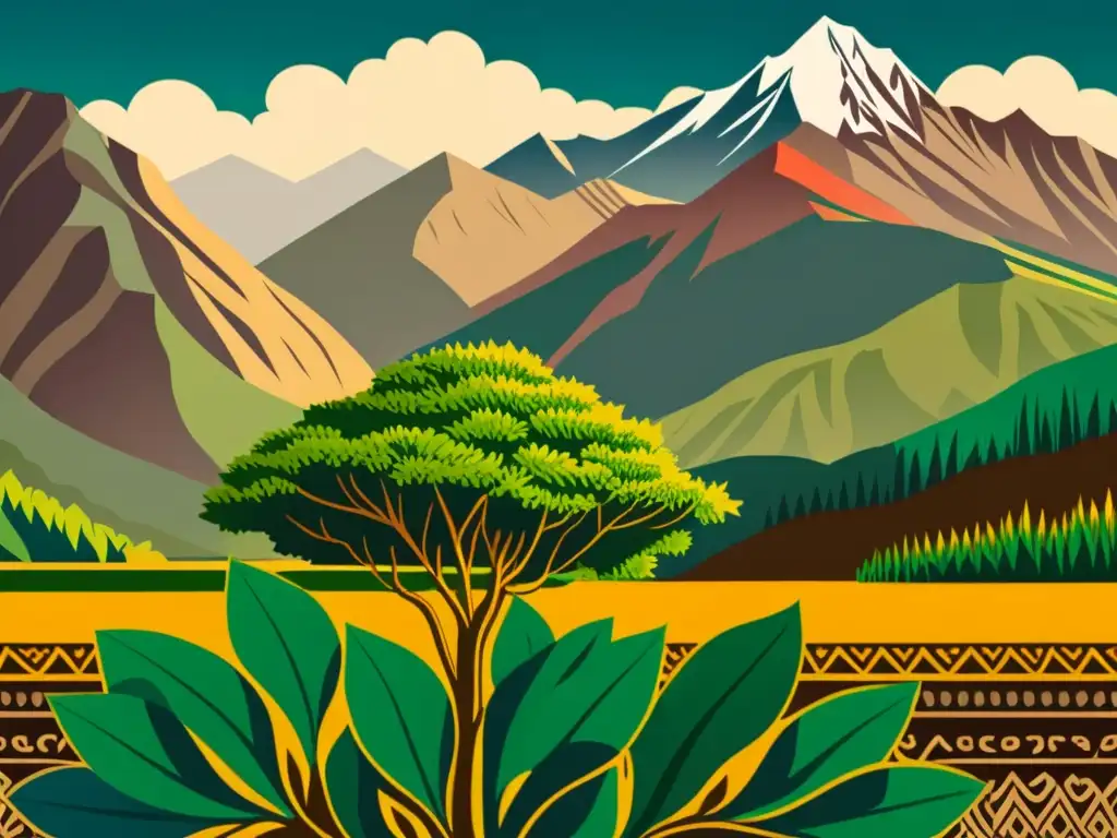 Una ilustración vintage de un exuberante paisaje andino con la planta de maca en primer plano, evocando la medicina tradicional