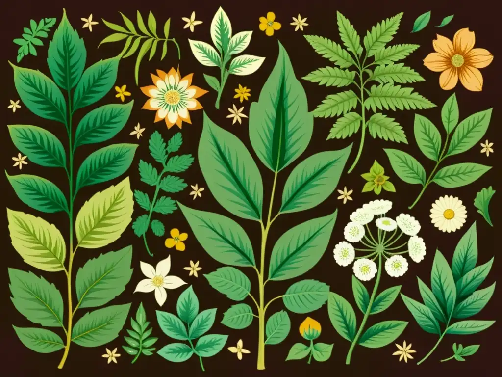 Una ilustración vintage de un exuberante jardín botánico con plantas medicinales, en tonos cálidos que evocan serenidad y belleza natural