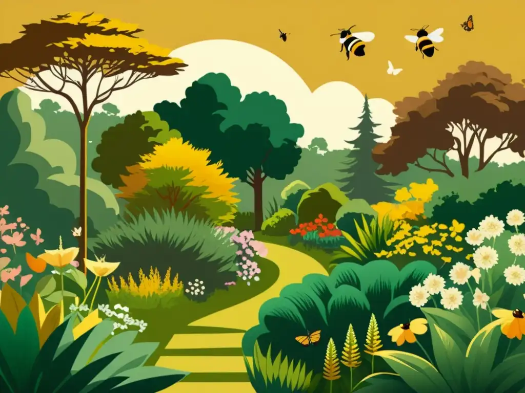 Una ilustración vintage de un exuberante jardín botánico rebosante de plantas y hierbas vibrantes y saludables, bañado por una suave luz cálida