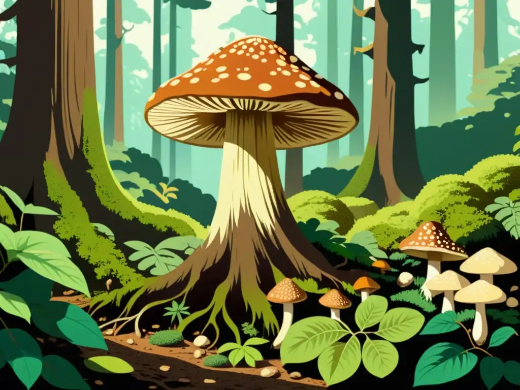 Una ilustración vintage de un exuberante y sereno bosque oriental, con setas shiitake creciendo en el suelo cubierto de musgo