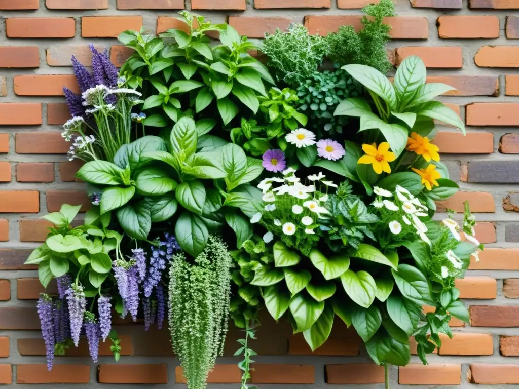 Una ilustración vintage de un exuberante jardín vertical con hierbas y flores vibrantes, contra una pared rústica de ladrillo