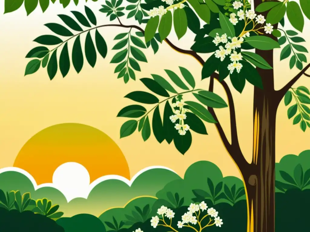 Una ilustración vintage de un frondoso árbol de moringa en un atardecer dorado, mostrando la belleza natural y complejidad botánica