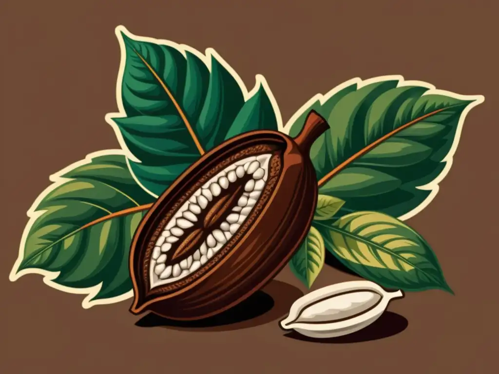 Una ilustración vintage de un grano de cacao siendo triturado, con tonos cálidos y detalles que evocan la historia y los beneficios del cacao en salud