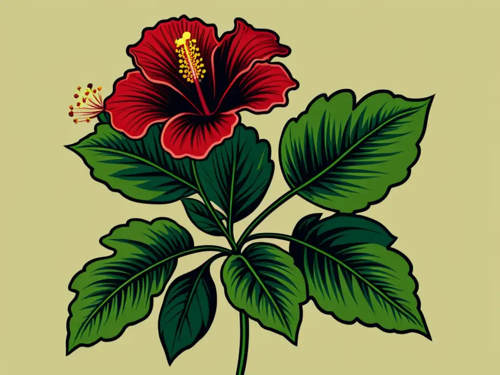 Una ilustración vintage de un hibisco, con detalles precisos en rojo, estambres largos y follaje verde, sobre un cálido fondo sepia