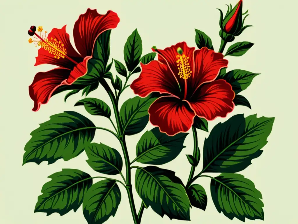 Una ilustración vintage de un hibisco, con flores rojas vibrantes y hojas verdes exuberantes, evocando nostalgia y belleza natural