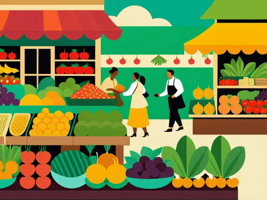 Una ilustración de mercado bullicioso con frutas, verduras y hierbas coloridas