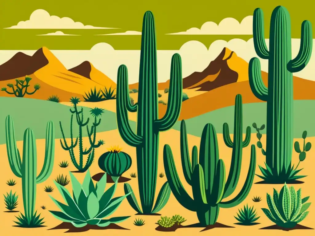 Una ilustración vintage de un paisaje desértico con plantas medicinales clave, evocando sabiduría y propiedades curativas naturales