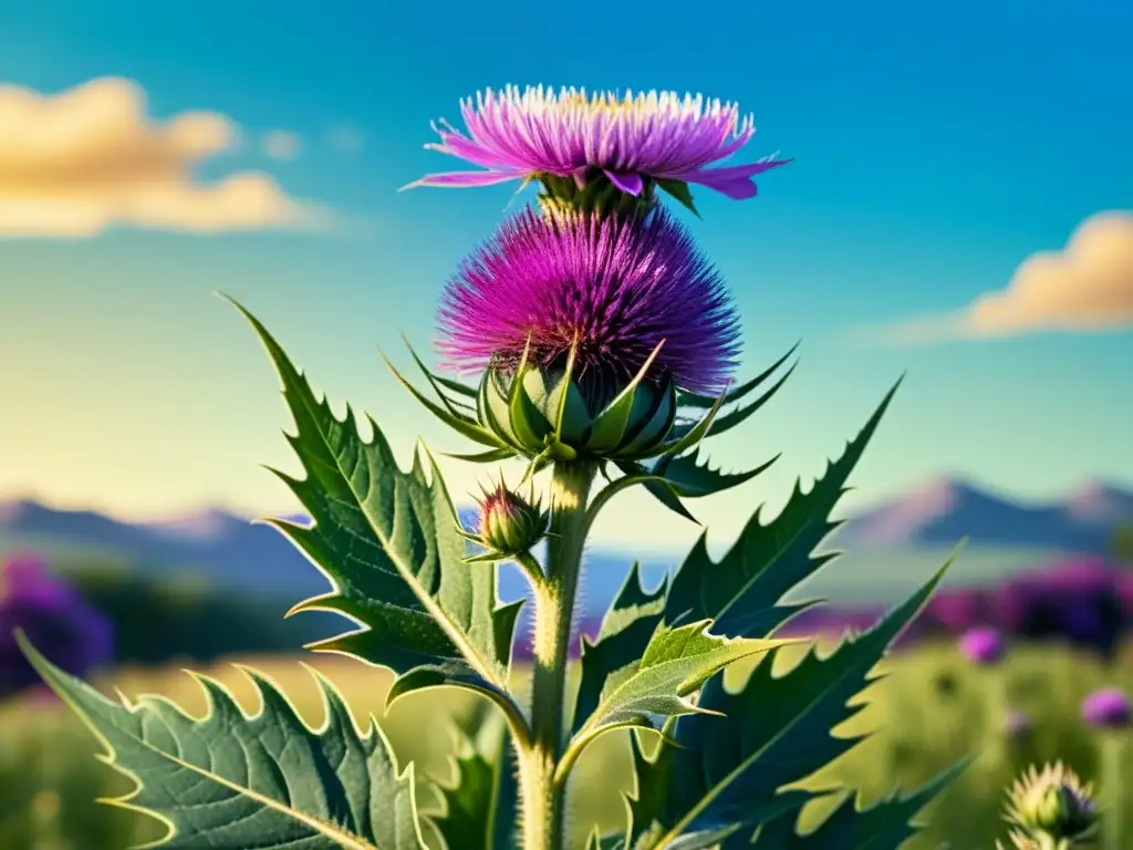 Una ilustración vintage de un prado verde exuberante con un cielo azul claro, destacando un majestuoso cardo con flores moradas vibrantes