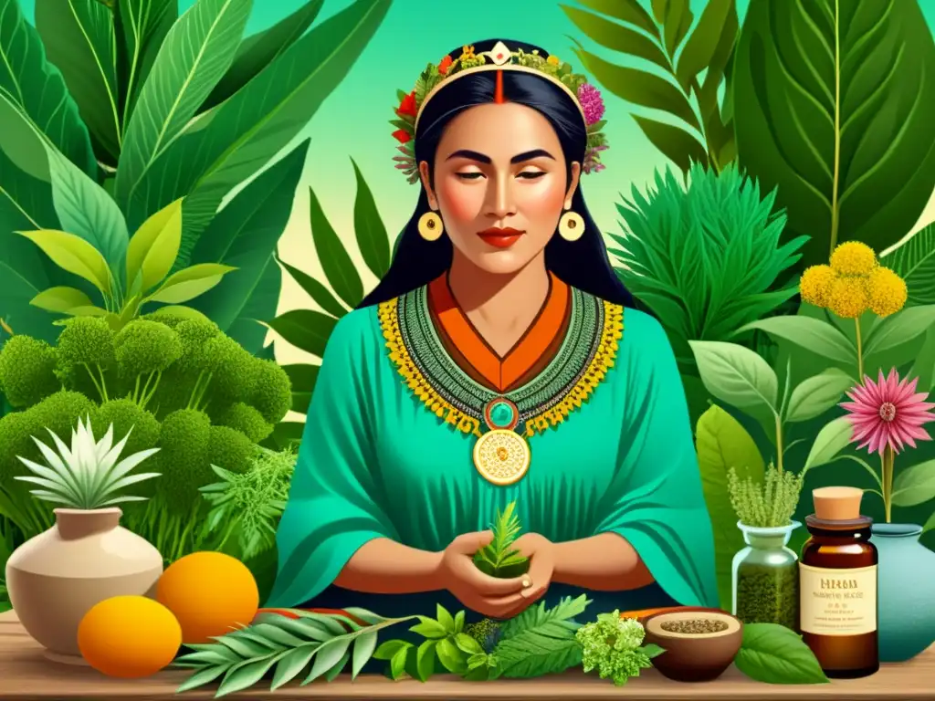 Una ilustración de una sabia mujer de la medicina ancestral preparando remedios naturales con precisión, rodeada de hierbas curativas