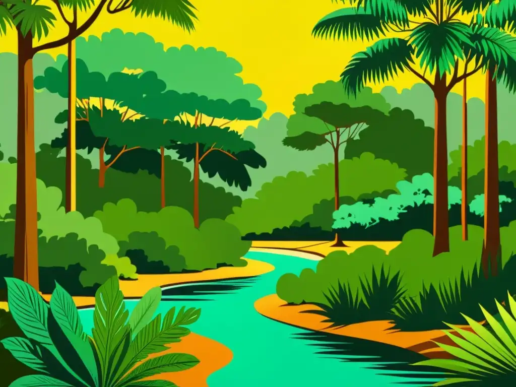 Una ilustración vintage de un sereno bosque con follaje verde exuberante, un arroyo suave y una majestuosa planta de saw palmetto en el centro