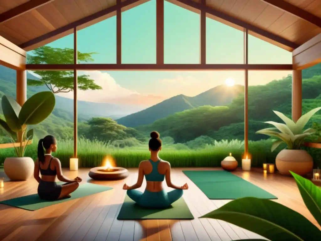 Una ilustración vintage de un spa sereno con nutrición holística en medicina tradicional, yoga, meditación y equilibrio