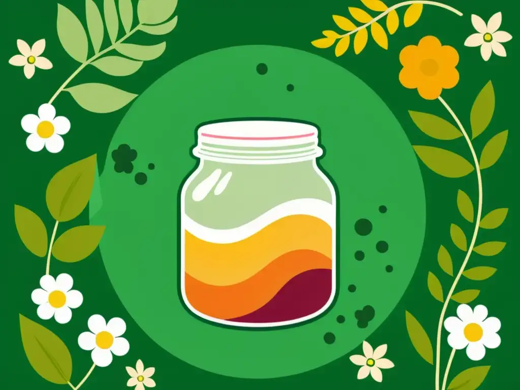 Una ilustración vintage de un tarro de vidrio con capas de kombucha y kéfir, rodeado de vegetación exuberante y flores