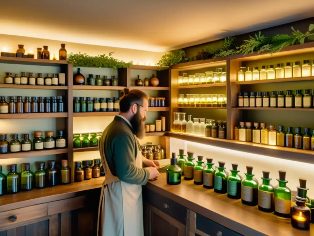 Una ilustración vintage de una tienda de botica renacentista, llena de botellas de vidrio, hierbas y aceites esenciales