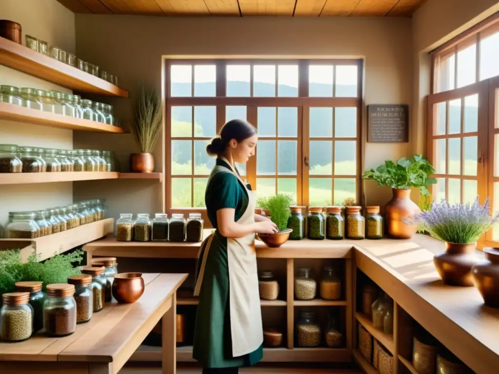 Una ilustración vintage de una tienda de hierbas tradicional con estantes llenos de frascos de hierbas secas y manojos de plantas aromáticas