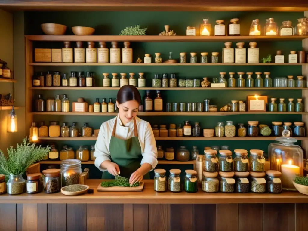 Una ilustración vintage de una tienda de hierbas tradicional, con estantes repletos de hierbas secas, raíces e ingredientes botánicos