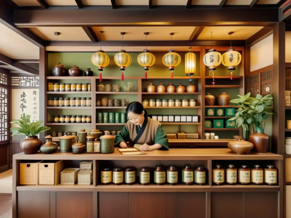 Una ilustración vintage de una tienda de medicina herbal china, con estantes de madera llenos de hierbas y plantas, y un boticario preparando remedios detrás del mostrador