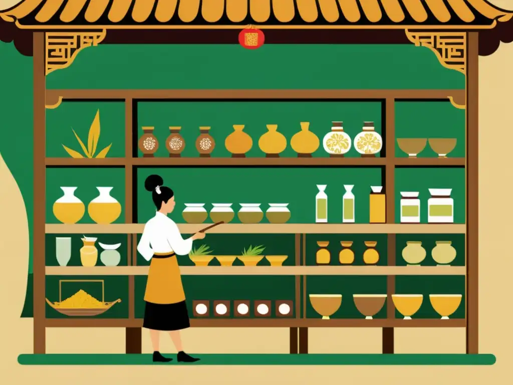 Una ilustración vintage de una tienda de medicina tradicional china en la Ruta de la Seda, con estantes de madera llenos de hierbas, raíces e ingredientes medicinales