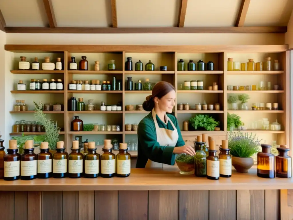 Una ilustración vintage de una tienda de herboristería tradicional, con estantes de madera llenos de botellas de vidrio con hierbas, plantas y tinturas