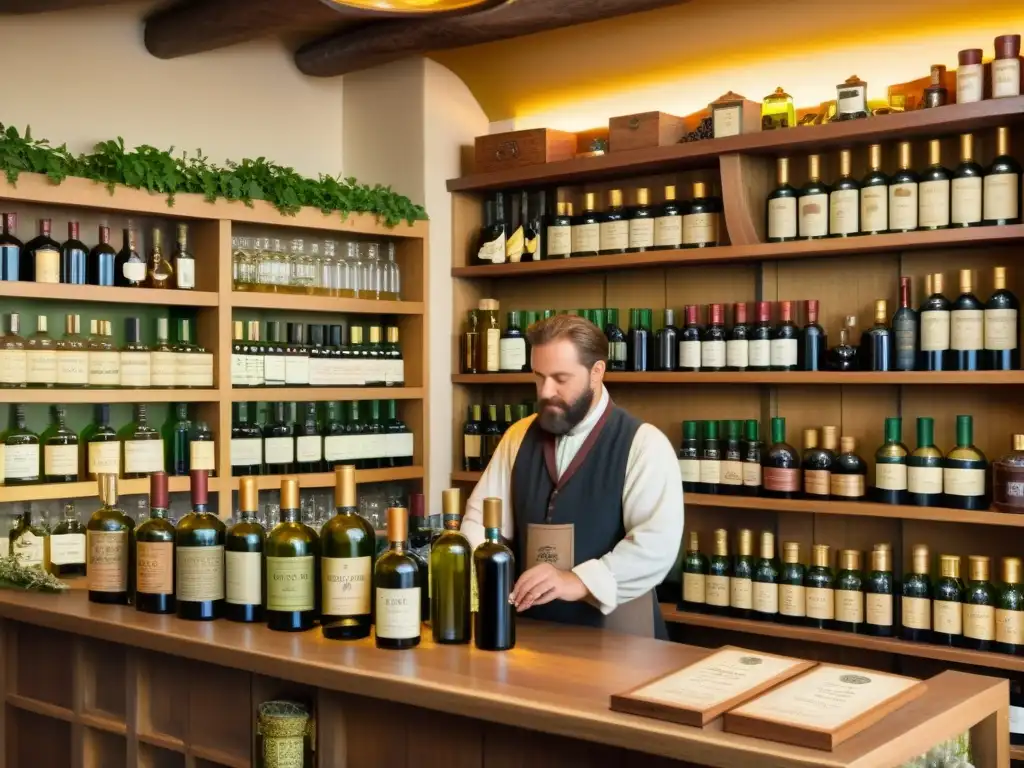 Una ilustración vintage de una tienda tradicional europea de herboristería, con estantes llenos de botellas de vino y hierbas, y una figura conocedora mezclando una poción medicinal tras el mostrador