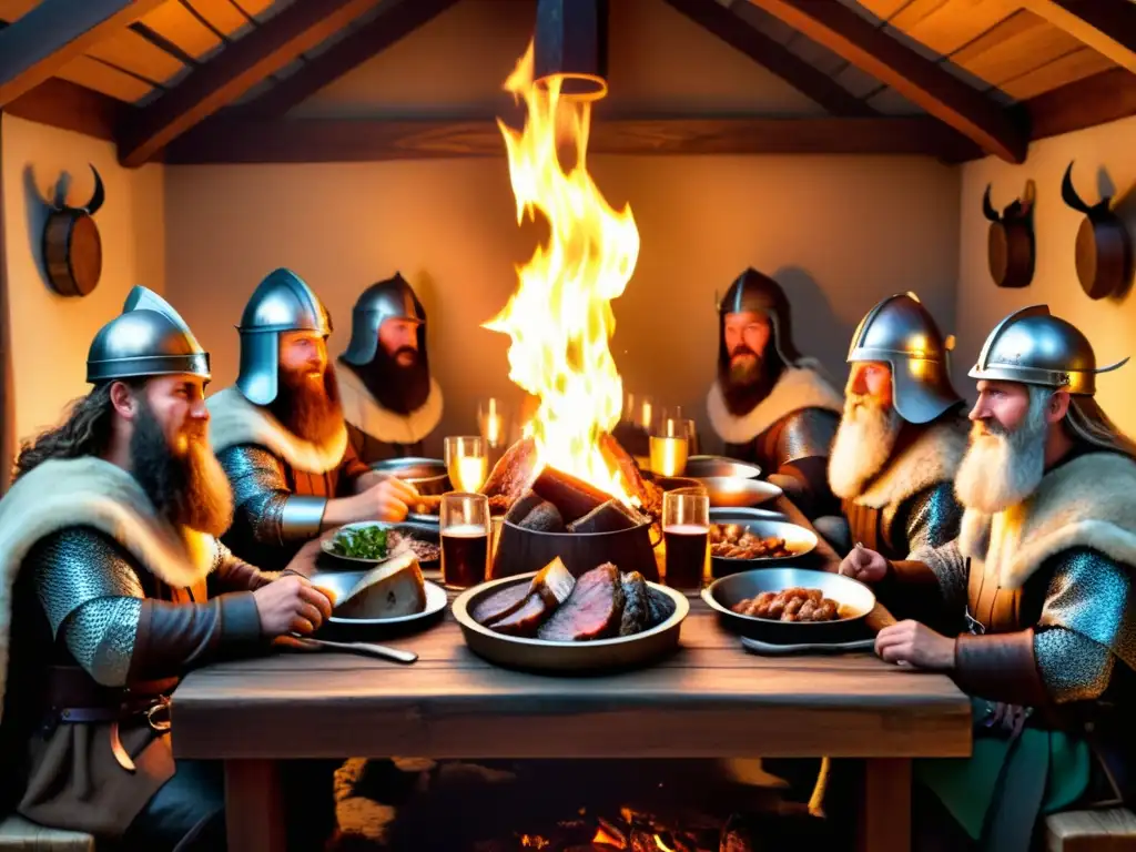 Banquete vikingo: guerreros brindando con cuernos de bebida Una ilustración vintage de un festín vikingo tradicional con guerreros barbudos en un ambiente cálido y acogedor