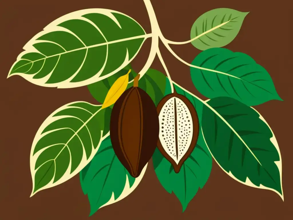 Una ilustración vintage de un árbol de cacao con hojas verdes exuberantes y vainas de cacao marrón