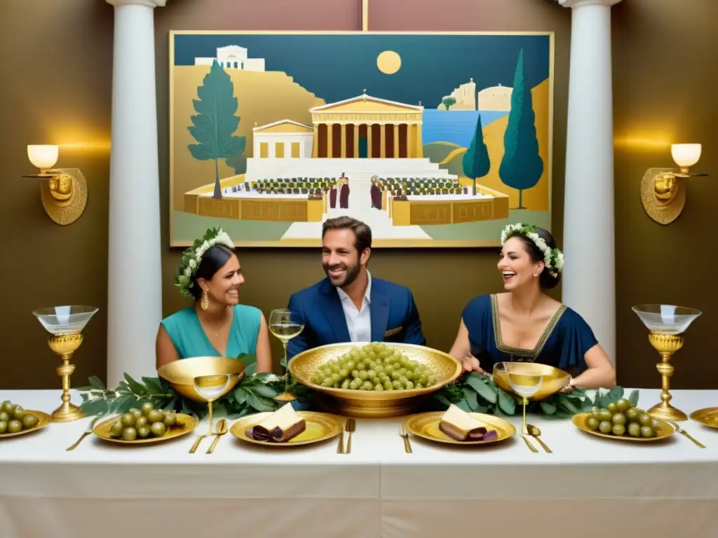 Una ilustración vintage de un banquete griego con comidas sagradas en diferentes culturas, con una atmósfera de antigua grandiosidad y celebración