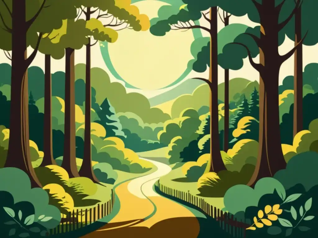 Una ilustración vintage de un bosque tranquilo, con árboles majestuosos y un sendero que invita a la exploración