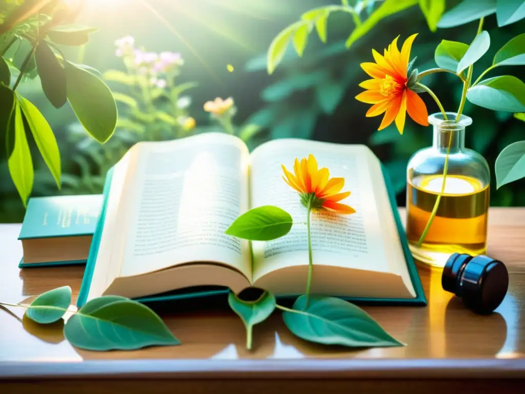 Una ilustración vintage de un jardín botánico rodeado de libros antiguos sobre el uso medicinal de aceites esenciales