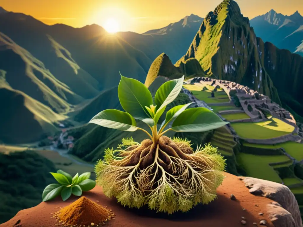 Una ilustración vintage en 8k de la exuberante ladera andina con una planta de maca en primer plano